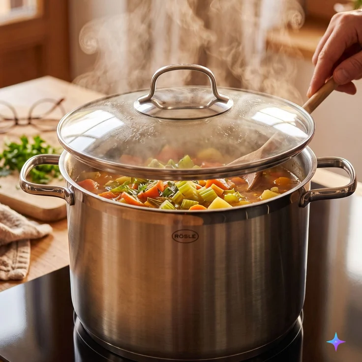RÖSLE ELEGANCE Gemüse/Partytopf, Hochwertiger Edelstahltopf zum Kochen großer Mengen, 8 Liter, Edelstahl 18/10, Innenskalierung, Induktionsgeeignet, Spülmaschinengeeignet, 33x25. 5x28 cm – Bild 2