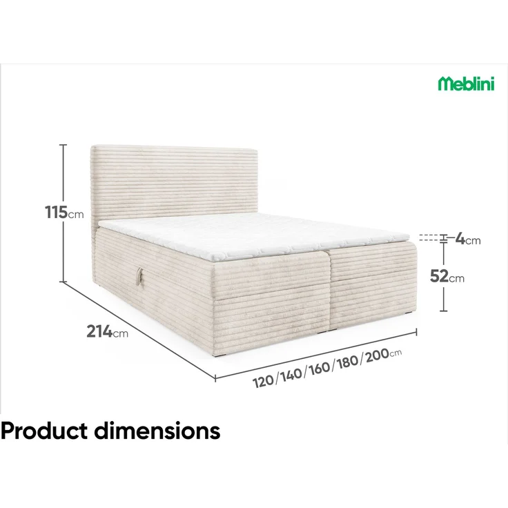 MEBLINI Boxspringbett mit Bettkasten - 200x200 - H4/Creme Cordstoff - TALIA - Gepolstert Doppelbett mit Matratze und Topper - Polsterbett mit Stauraum - Bett mit Kopfteil - Stauraumbett – Bild 7