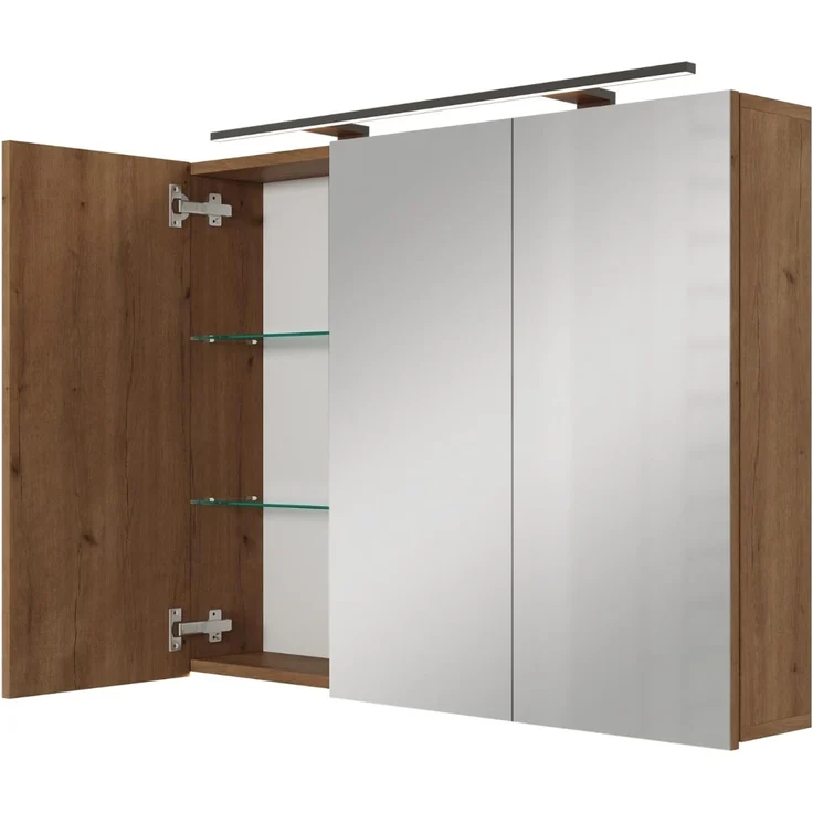 Planetmöbel ARIA Spiegelschrank Bad mit Beleuchtung 90 cm breit | Badschrank hängend mit Spiegel | Gold Eiche, mit Leuchte und Steckdose, Spiegelschrank Gäste WC 90 x 70 x 16 cm