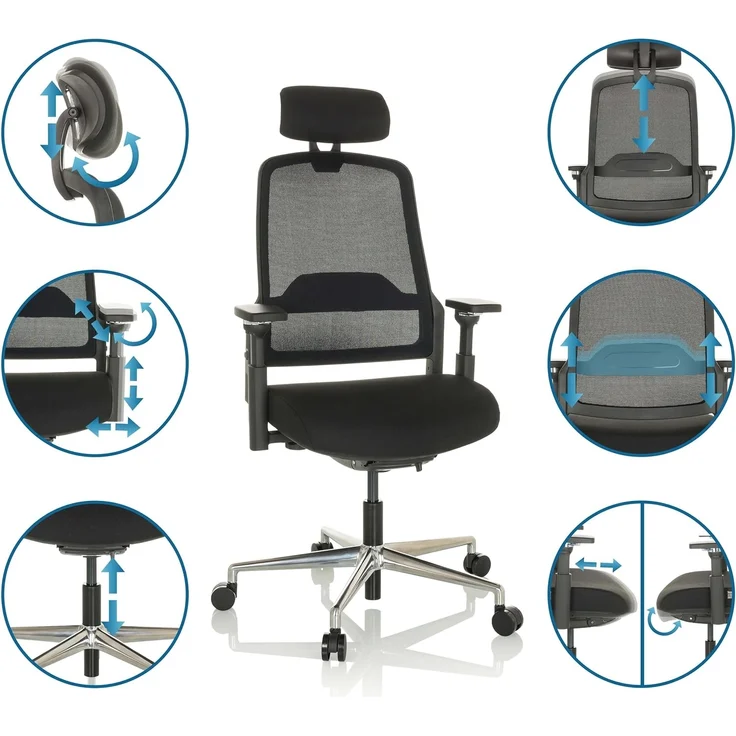 hjh OFFICE Profi Bürostuhl TERARO AX Ergonomischer Drehstuhl mit höhenverstellbarer Rückenlehne und Kopfstütze, Stoff/Netz Schwarz, 608995 – Bild 5