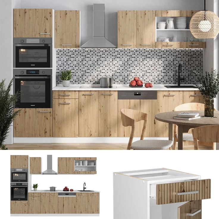 Küchenzeile R-Line Artisan Eiche/Weiß 300 cm mit Hochschrank, AP Anthrazit Vicco – Bild 2