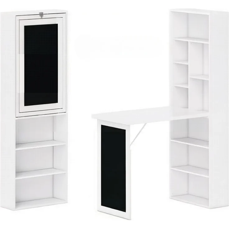 Schreibtisch aus MDF und Kiefernholz, klappbar mit Regal, 98x51x153 cm, Weiß/Schwarz – Bild 6