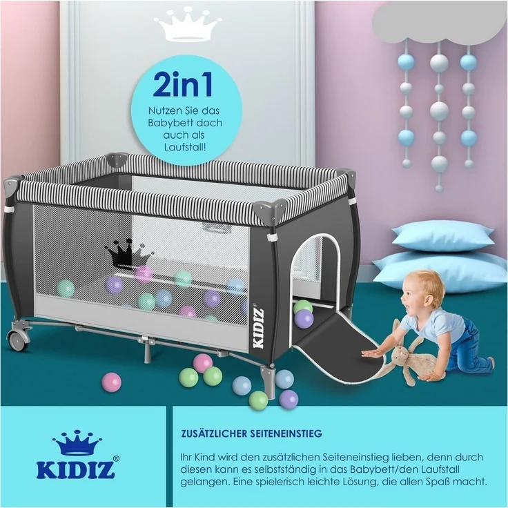 KIDIZ® Babybett Reisebett Kinderreisebett Faltbar mit Matratze 120x60, Seiteneingang, Wickelauflage, Mosktionetz, Spielbogen & Tragetasche Baby Beistellbett Kinderbett ab Geburt bis 15 kg Grau – Bild 2