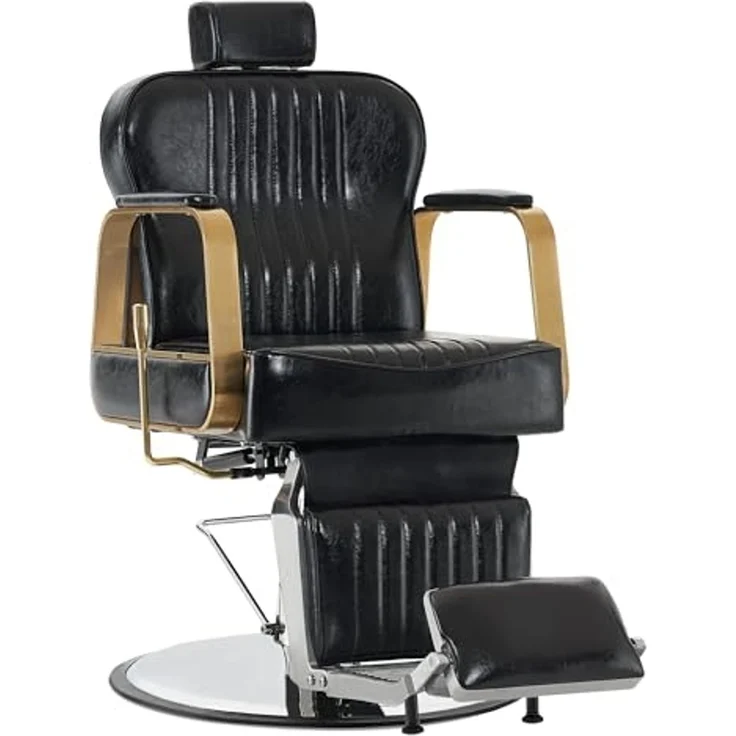 Barberpub Friseurstuhl Kippbar, Friseursessel mit Kopfstütze, 360° Drehbar & Höhenverstellbar, Friseureinrichtung Retro mit Hydraulikpumpe, Kunstleder, 9238(Schwarz) – Bild 1