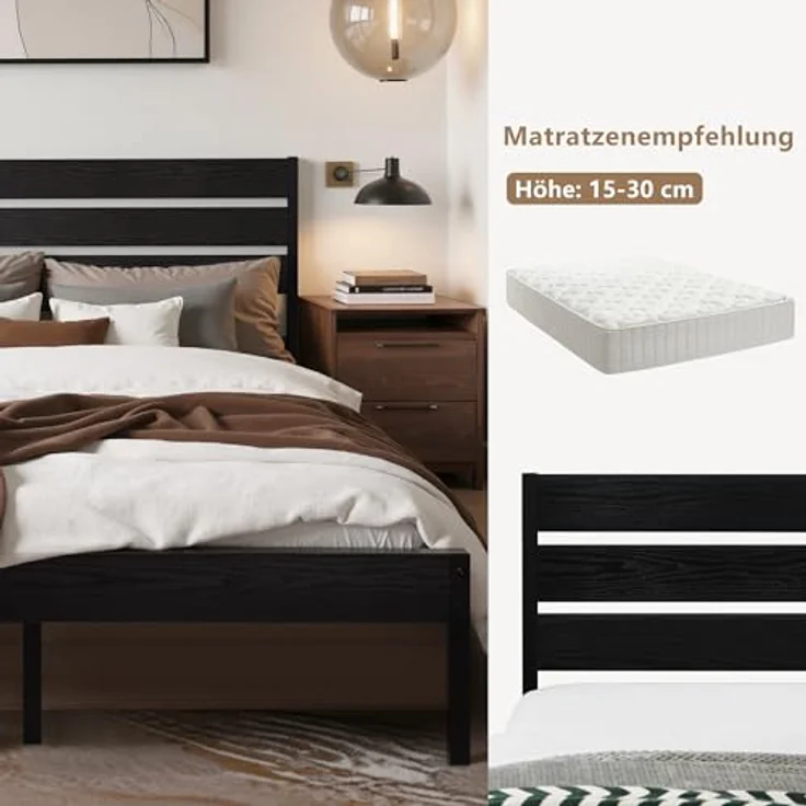 VECELO 2er-Set Bettgestelle 90x200 cm, Einzelbetten mit dickem Holzkopfteil und Metall Lattenrost, stabil und geräuschlos mit 31 cm Stauraum, Industrial Design für Schlafzimmer, Schwarz – Bild 6