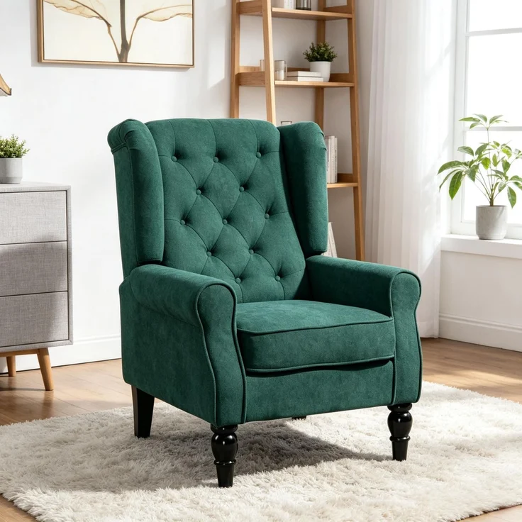 Ohrensessel 1er-Set 74x86x102 cm, dunkelgrün, gepolstert mit Eukalyptusholzbeinen – Bild 2