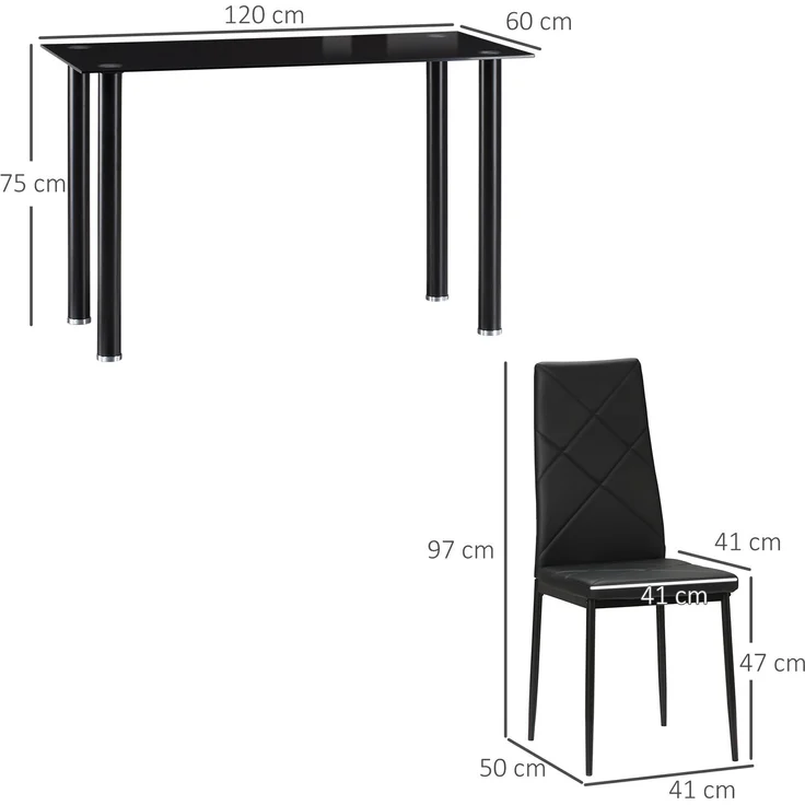 Rayofly-Essgruppe, Esstisch + 4 Stühle, gehärtete Glasplatte, Stahlbeine, Küche Wohnzimmer, schwarz, H 750cm x T 1200cm x B 600cm – Bild 5