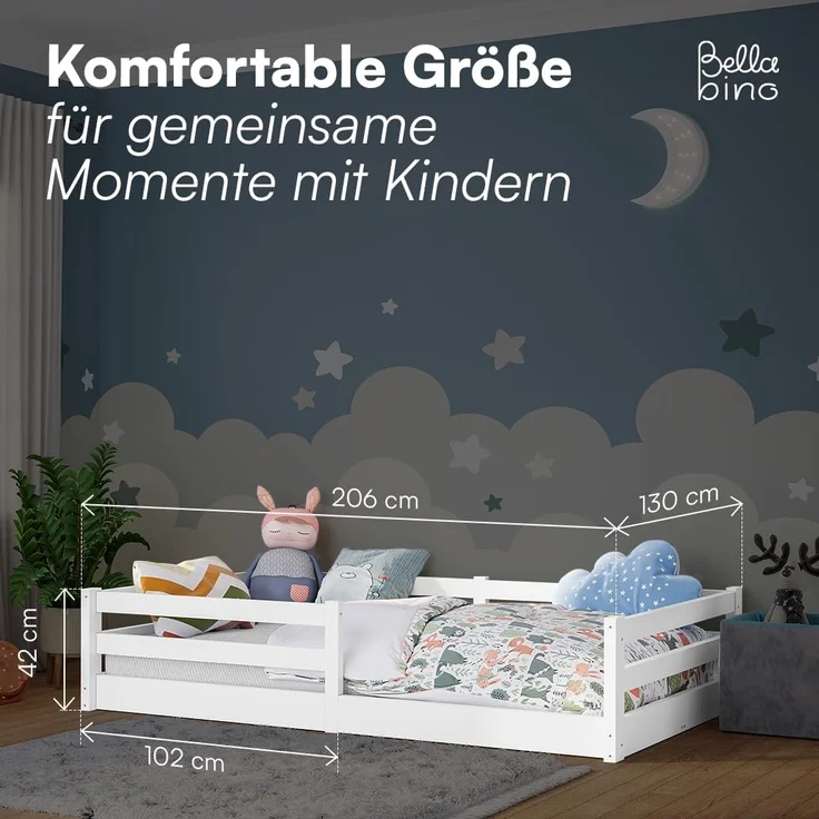 Bellabino Iskri Bodenbett 120x200 cm – Montessori Kinderbett mit Matratze, Rausfallschutz & Lattenrost – Holzbett für Jungen & Mädchen aus Kiefer Massivholz in Weiß – Kleinkindbett – Bild 2