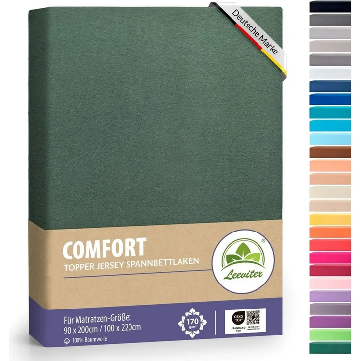 leevitex® Spannbettlaken, Premium 170g/m², Gummizug: rundum, schwer und dick, 100% Jersey-Baumwolle, Dunkelgrün / Tannengrün, Topper | 90 x 200 - 100 x 220 cm – Bild 1