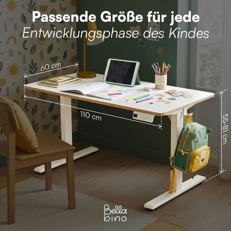 Bellabino 'Toro' Kinderschreibtisch 110x60 cm, elektrisch höhenverstellbar, weiß, Schreibtisch mit kindergesicherter Steuerung, LED-Höhenanzeige und 3 Speicherhöhen, Jugendschreibtisch mit Rucksackhaken, ab 6 Jahren – Bild 9