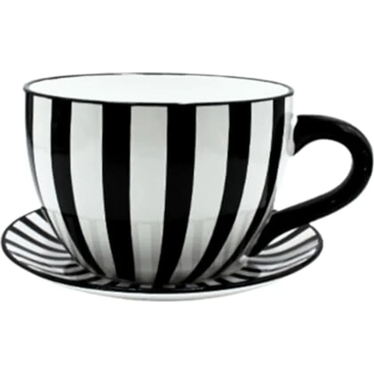 Dekohelden24 Blumentopf, Pflanztasse, Pflanzkübel, Pflanzgefäß, Blumenkübel, Pflanztopf. Übertopf als Tasse mit Griff aus Keramik, Motiv: Schwarz-Weiß-Gestreift, L/B/H 25 x 23 x 14 cm. – Bild 2