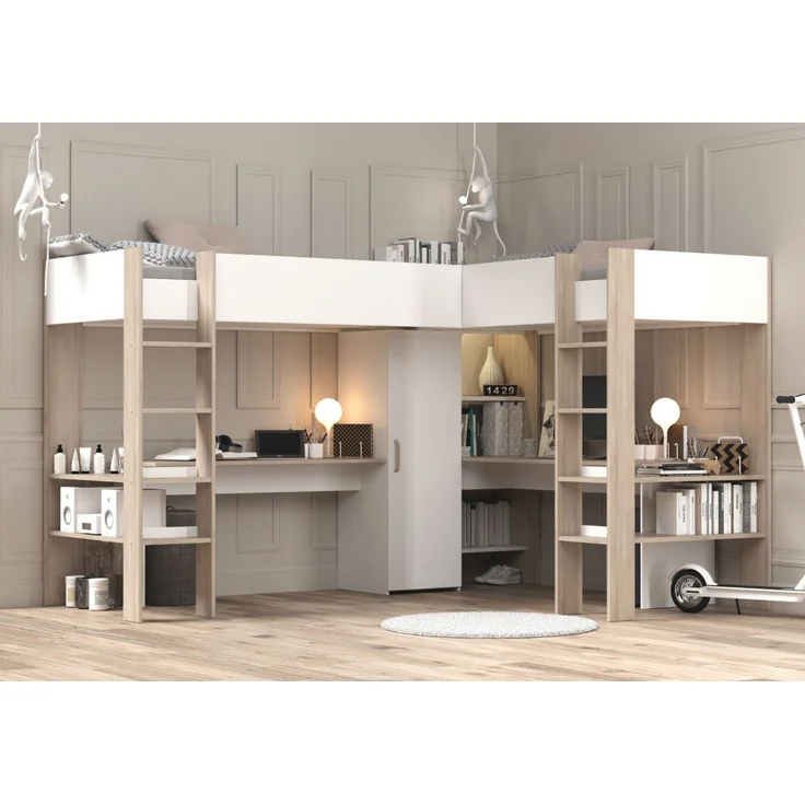 Parisot Hochbett Alex in weiß Eiche mit 2 x Bett – Bild 1