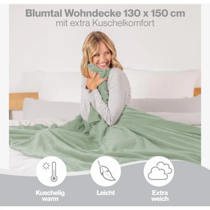Blumtal Kuscheldecke flauschig - Oeko-TEX zertifizierte Fleecedecke 130x150 cm - Wohndecke 130x150 cm - Decke Couch als Wohn- & Kuscheldecke - Wohn-&+Kuscheldecken - Sommergrün – Bild 4