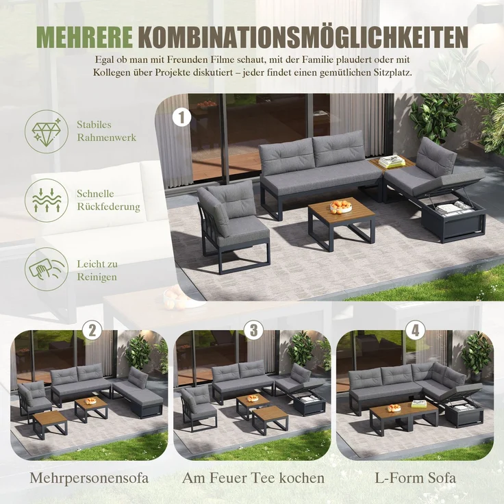 ZUBALIYA Garten-Loungeset - 191,5 x 191,5 x 79 cm , Grau , Polyester , verstellbare Rückenlehne , mit Stauraum – Bild 4