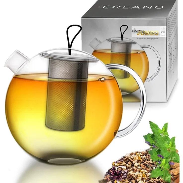 Creano Teekanne Teekanne Jumbo 2,0l mit Metall-Sieb, 2 l, (Set, 3-St), Mit Silikonschlaufe
