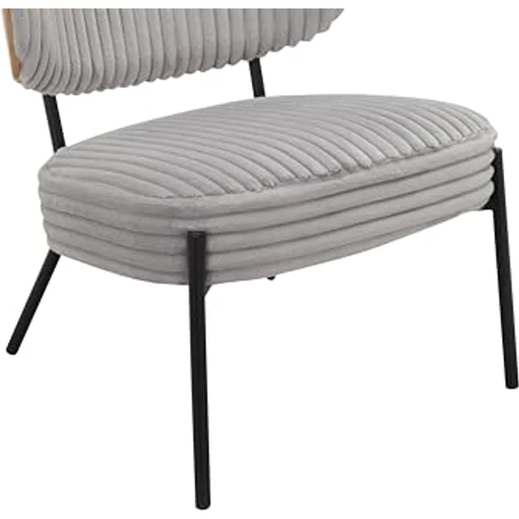 Jerry Lounge Sessel mit Hocker, Cord Stoff Hellgrau, Relaxsessel mit schwarzem Metallgestell und Bugholz-Details, moderner Loungesessel für Wohnzimmer und Büro, 65 x 65 x 76 cm – Bild 8