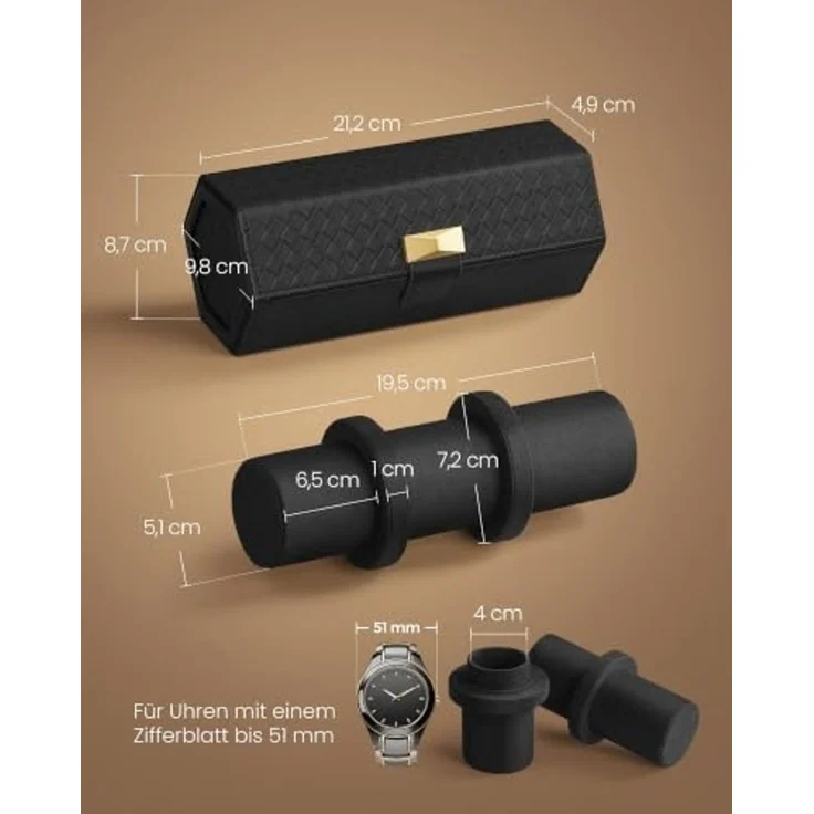 SONGMICS HOME RONNE Kollektion - Uhrenbox unterwegs, Uhrenrolle für 3 Uhren, hexagonale Form, PU im Flechtlook, versteckter Stauraum, 9,8 x 21,2 x 8,7 cm, Geschenkidee, tintenschwarz JWB027B01 – Bild 6