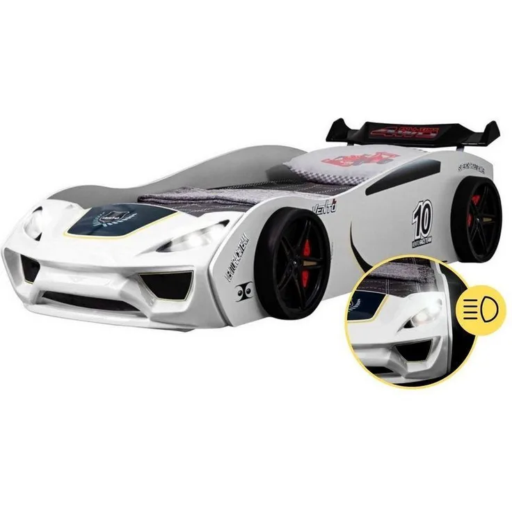 Coemo Autobett DREAM RACER (Spielbett mit Spoiler), Weiß Kinderbett 90x200 Rennwagen inkl. Lattenrost LED-Licht Spielbett