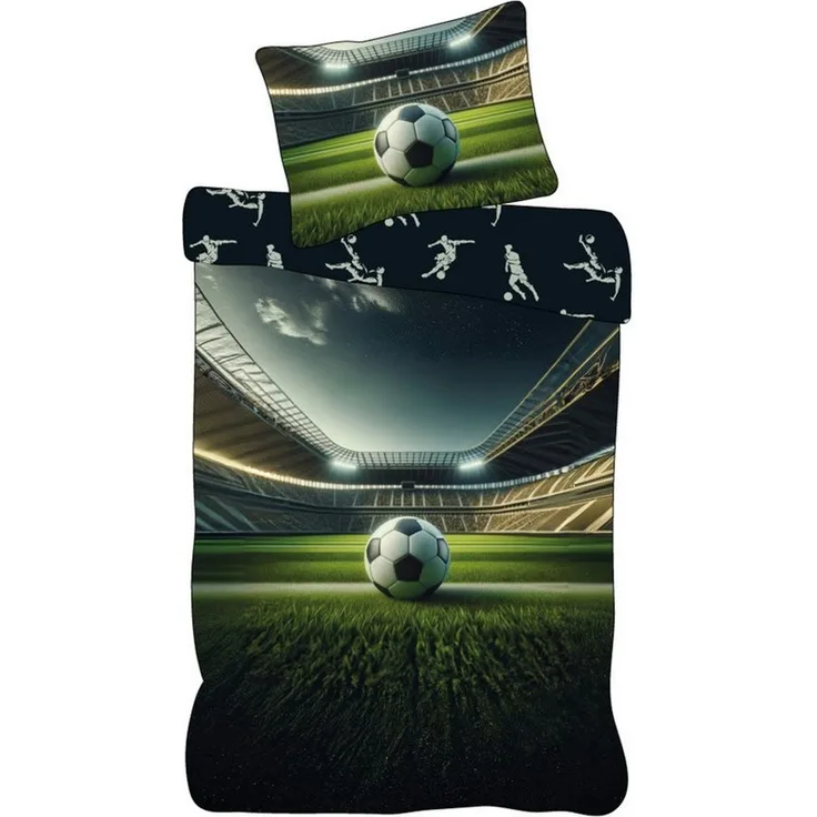 BrandMac Bettwäsche Fußball-Stadion - Wende-Bettwäsche-Set mit Fussball, 135x200 & 80x80, Baumwolle, 100% Baumwolle