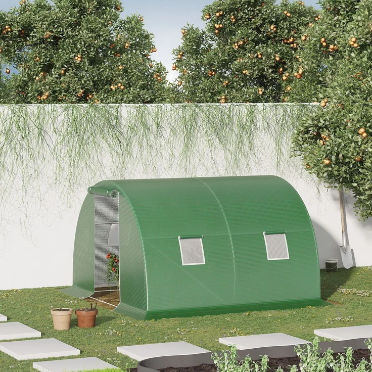 Wohnora-9 m² großes Tunnelgewächshaus mit 4 Fenstern, aufrollbarer Reißverschlusstür, verzinktem Stahlrahmen und 3 x 3 x 2 m großer grüner PE-Plane,H 2000cm x T 1180cm x B 3000cm,Grün – Bild 2