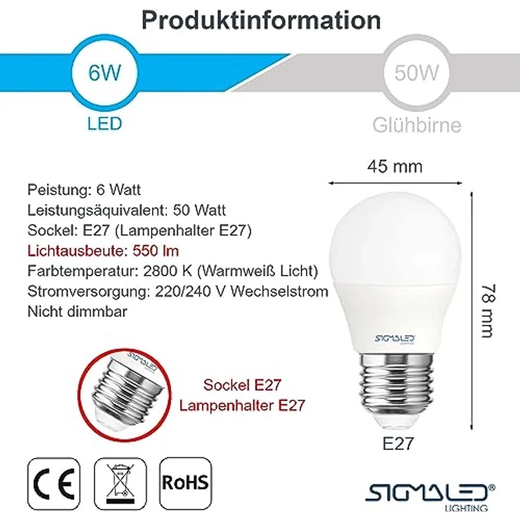 Sigmaled lighting, LED-Glühbirne E27-Sockel 6W (entspricht 50W), 550 Lumen, Warmweißes Licht (2800K), kleine Kugel LED-Leuchtmittel G45, 6er-Pack – Bild 2