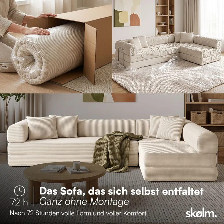 skølm 'Lofn' Modulares Sofa 4 Sitzer, 300x200 cm, Vollschaumcouch mit Metallgestell, Cord beige, Schlafsofa vakuumverpackt, kein Aufbau erforderlich – Bild 3