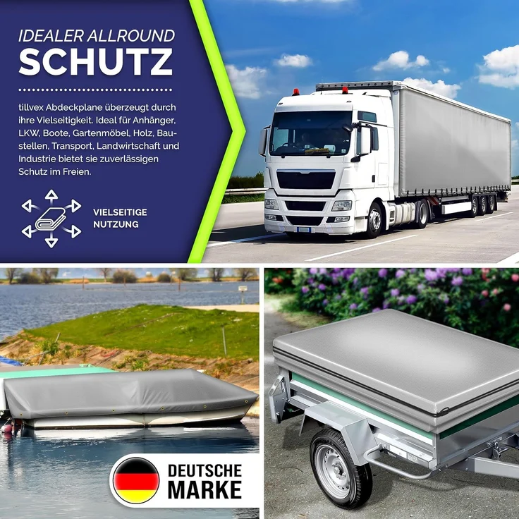 tillvex® Abdeckplane Grau 5x8 m mit Ösen + 10 Haken & 15m Seil | Gewebeplane 650g/m² Wasserdicht & Reißfest | Premium PVC-Plane Universell LKW, Pool, Holz Gartenmöbel | Gartenplane Abdeckung – Bild 6