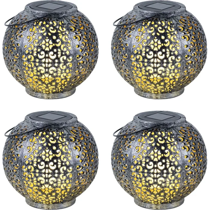 4x Solar LED Leuchte, Rund, Schwarz, IP44, Dämmerungssensor, H 17 cm