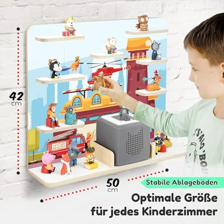 stadtecken Holzregal für Musikbox I Geeignet für die Toniebox und ca. 50 Tonies I Perfekte Tonie Aufbewahrung im Kinderzimmer I Zum Aufstellen oder Aufhängen (Feuerwehr, Groß) – Bild 3