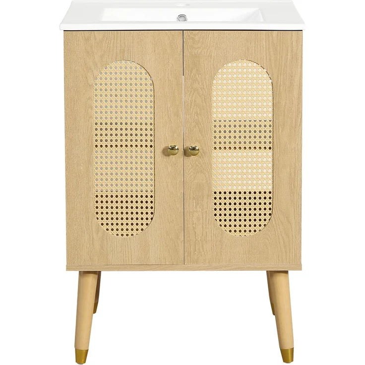 Badunterschrank 61 x 47 x 89 cm mit Keramikwaschbecken, Rattantüren und Stauraum – Bild 7