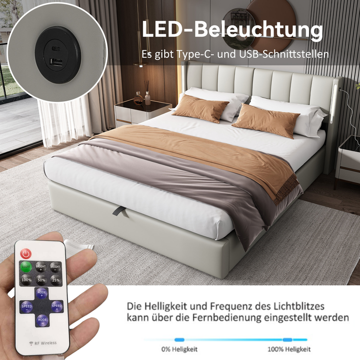 Novelux Polsterbett 140x200 cm mit LED, USB und Stauraum – hydraulisches Bettgestell aus PU in Grau, verstellbares Kopfteil, inkl Lattenrost – Bild 3