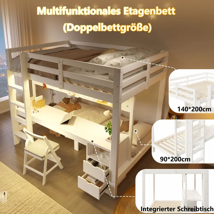 Merax Etagenbett, Hochbett, Kinderbett 90x200 cm & 140x200 cm, mit Schubladen und Schreibtisch, ausgestattet, inklusive LED-Lichtleiste, (Keine Stühle), Weiß – Bild 6