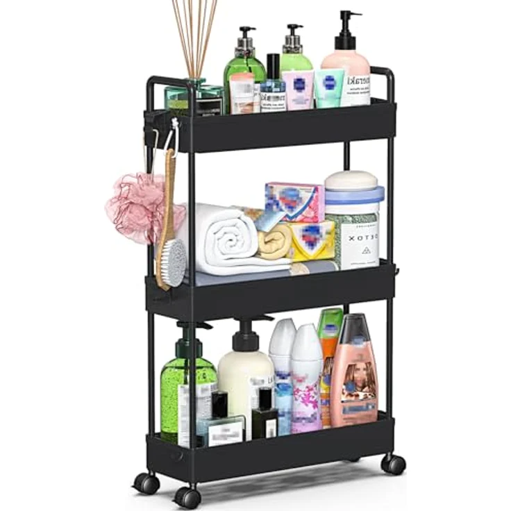 SOLEJAZZ Rollwagen, Küchenwagen mit 3 Ebenen, Schmale Rollwagen Nischenregal auf Rollen für Küche, Bad, Waschküche, Schlafzimmer, schmale Plätze, Kunststoff,mit Griffen, 13 x 40 x 61 cm,Schwarz – Bild 9
