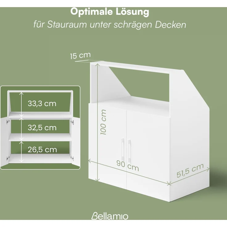 Bellamio 'Aland' Dachschrägenregal mit Türen und offenem Fach, weiß, 100x52x90 cm, Schrank für Dachschräge mit 3 Fächern – Bild 5