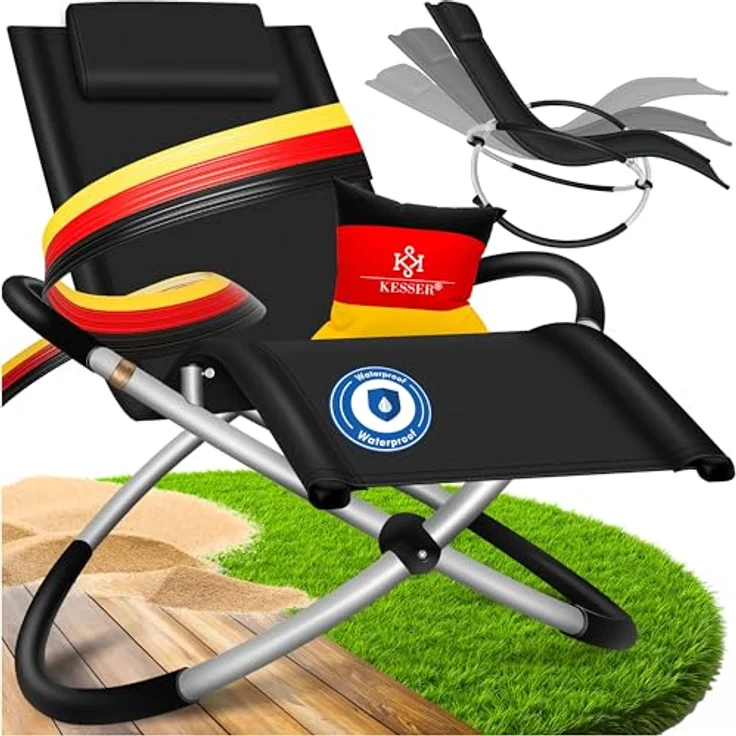 KESSER® Relaxliege Liegestuhl | Gartenliege Sonnenliege | Gartenstuhl | Klappstuhl faltbar | Schwungliege | Schaukelsessel | ergonomische Relaxsessel | wetterfest | 180 kg Belastung Schwarz – Bild 2