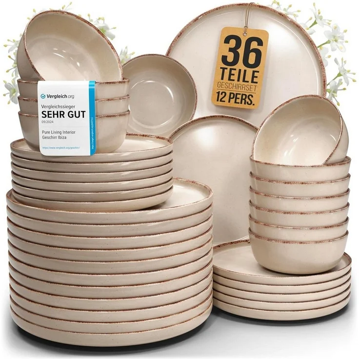 PURE LIVING INTERIOR DESIGN Geschirr-Set Rustic aus Steingut, 36-tlg, für 12 Personen, Beige (36-tlg), 12 Personen, Steingut – Bild 1