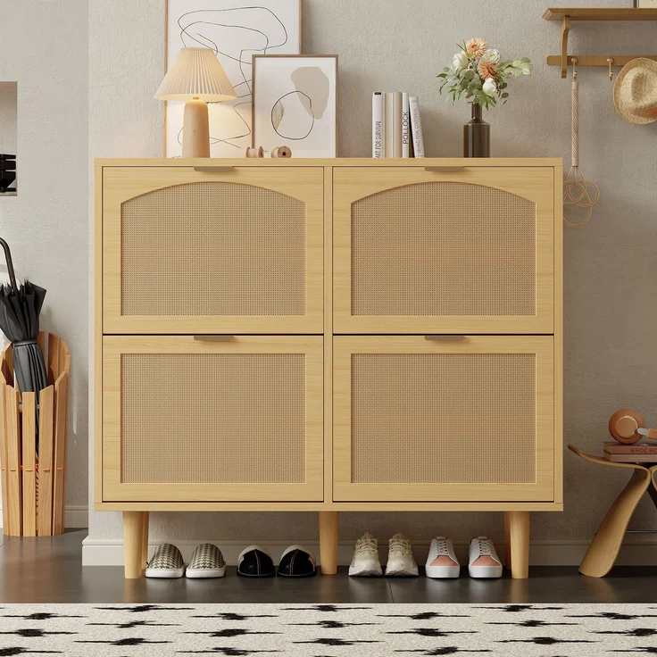 Merax Schuhschrank, Schuhkommode, mit 4 Klappschubladen, Schuhkommode aus Rattan mit Metallgriffen, Schuhregal, Oak – Bild 2