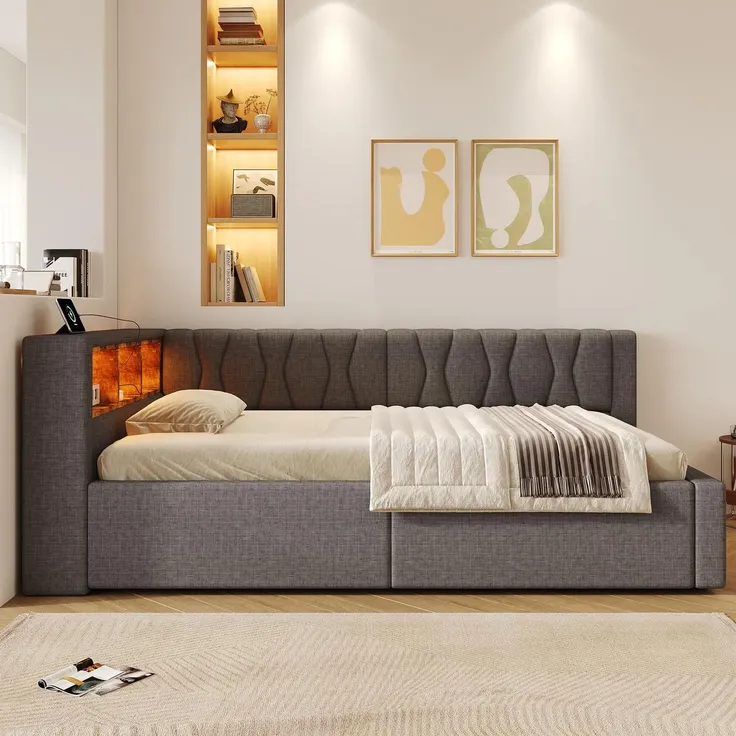 Schlafsofa mit LED-Streifen, Lattenrost, Regal, Rückenlehne, Aufbewahrung, Type-C und USB, 90x200 cm, Polsterbett, Einzelbett, Tagesbett, Leinen – Bild 2