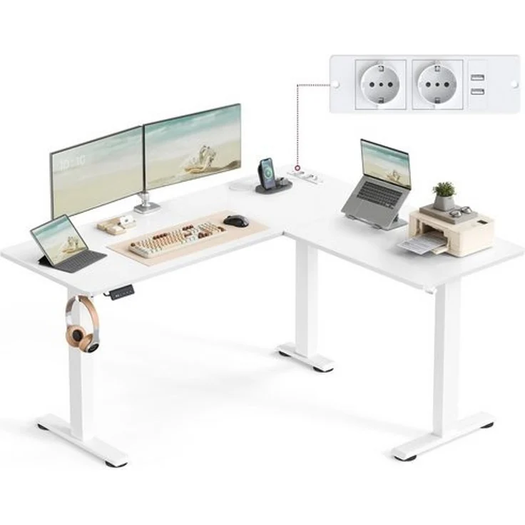 VASAGLE Höhenverstellbarer Schreibtisch elektrisch, L-förmiger Eckschreibtisch, mit Ladestation, Memory-Funktion mit 2 Höhen, für Homeoffice, wolkenweiß-mattweiß, 140x160 cm – Bild 1