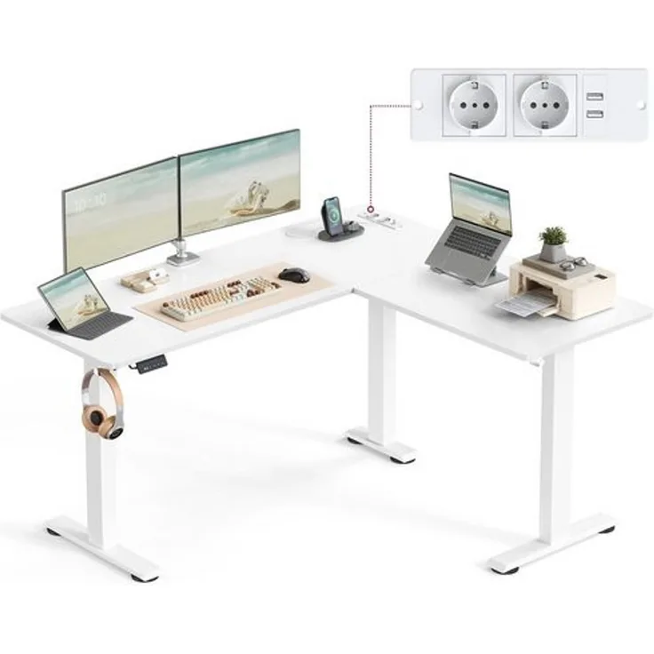 VASAGLE Höhenverstellbarer Schreibtisch elektrisch, L-förmiger Eckschreibtisch, mit Ladestation, Memory-Funktion mit 2 Höhen, für Homeoffice, wolkenweiß-mattweiß, 140x160 cm