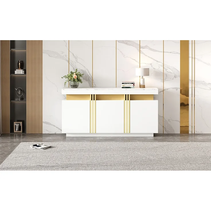 ZUBALIYA Sideboard 140x38x70 cm, mit 3 Türen, aus Spanplatte, Weiß – Bild 23