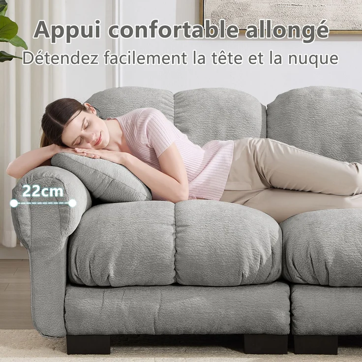 U-förmiges 2-Sitzer-Sofa mit beweglichen Hockerelementen, gesteppter Chenillebezug und dicke Polster, Wohnlandschaft für Wohnzimmer, Hellgrau – Bild 9