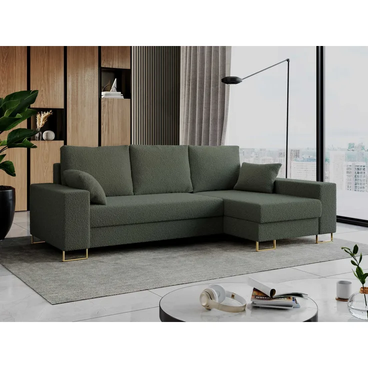 Ecksofa mit Schlaffunktion L-Form mit Bettkasten - DORIAN-Non - Grün Boucle