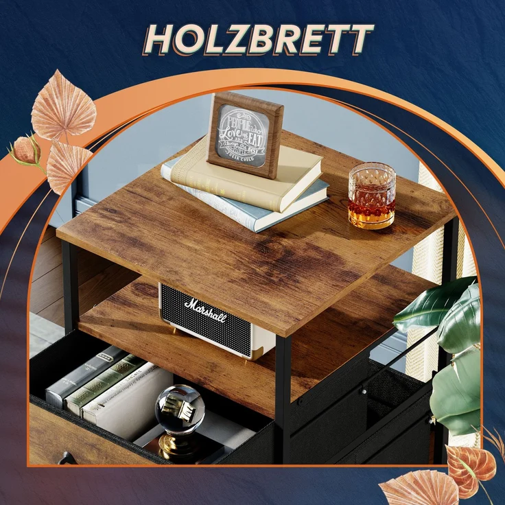 DEVAISE mobiler Bürocontainer, zwei textilbezogene Schubladen sowie offenes Fach, bremsbare Rollen, geeignet für A4-Dokumente, vintagebraun--Braun--68x40x39cm--YOUDENOVA – Bild 4