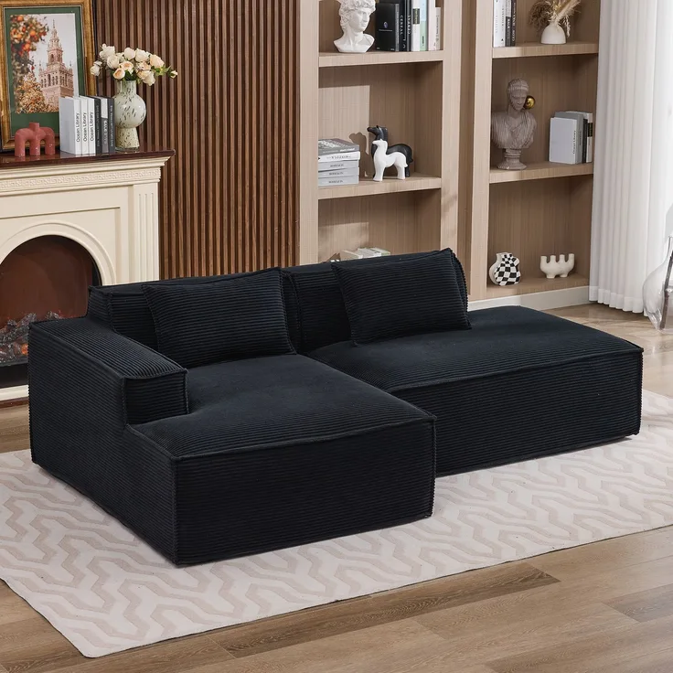 LVHOM Ecksofa 2 Sitzer, Modulares Sofa 235 cm breit, L-Form Sofa mit 2 Kissen, Schlafsofa aus Cordstoff, kein Aufbau erforderlich, Schwarz