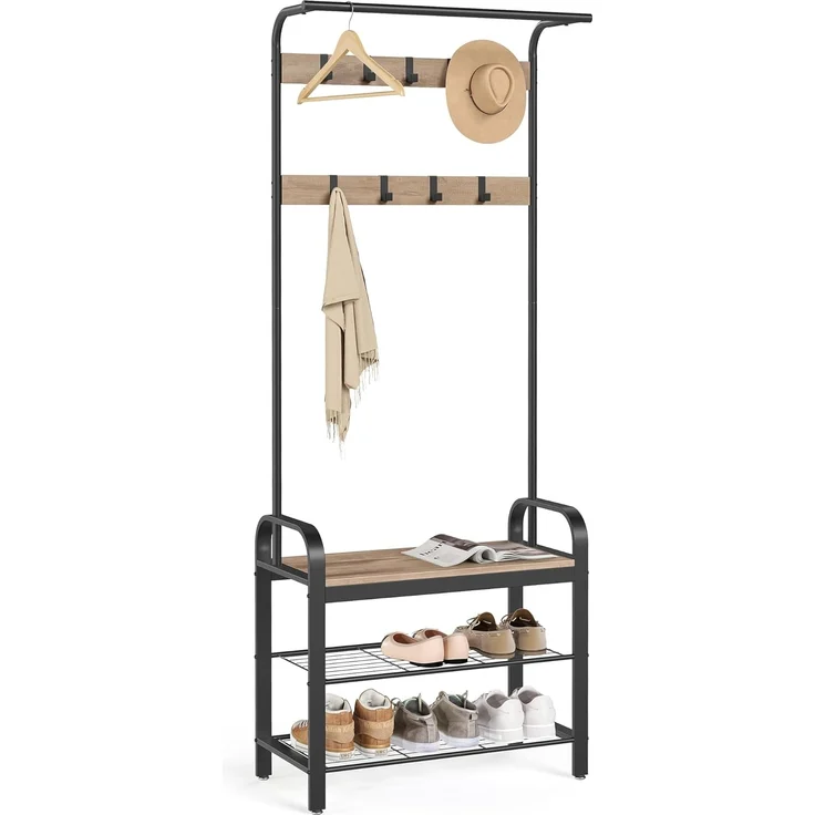 VASAGLE Garderobenständer, Garderobe, mit Schuhbank, 4-in-1 Design, 9 abnehmbare Haken, Kleiderstange, Eingangsbereich, Flur, 33,7 x 72 x 183 cm, Industrie-Design, Kamelbraun -tintenschwarz HSR040K02 – Bild 1