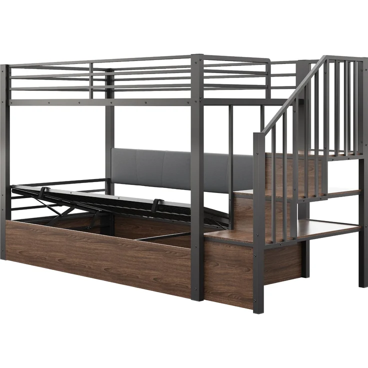 Merax Hochbett 90 x 200 cm, Etagenbett, Jugendbett, Weich gepolsterte Rückenlehne aus PU, Hydraulische Funktion, Sicherheitsleiter, Schwarz – Bild 9