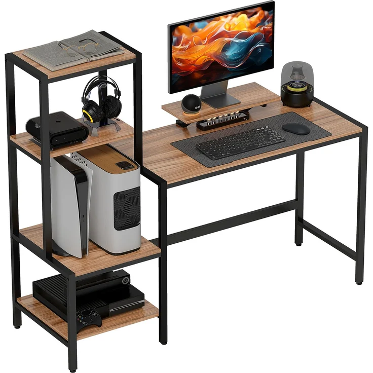 Computertisch mit Monitorständer, Schreibtisch mit 4-stufigem Regal, Industrielles Design, Braun--Braun--125x48x150cm--YOUDENOVA – Bild 1