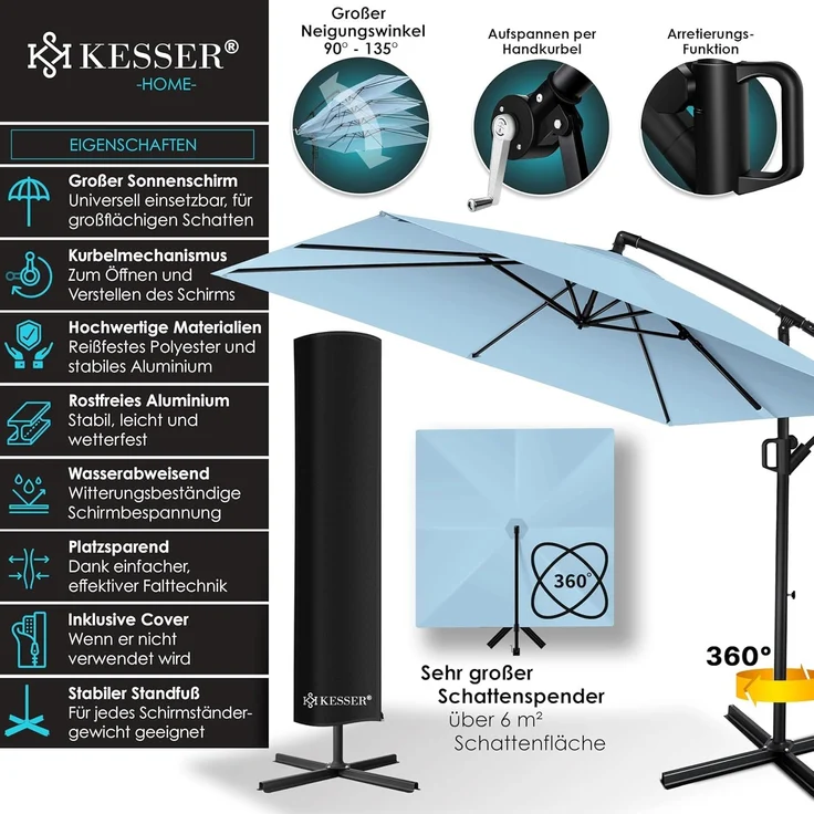 KESSER® Ampelschirm Holly Sonnenschirm Rechteckig ohne LED Solar inkl. Abdeckung + Windsicherung mit Kurbel | Kurbel-Schirm mit Ständer UV-Schutz Aluminium Wasserabweisend Ø350cm Gartenschirm Hellblau – Bild 2