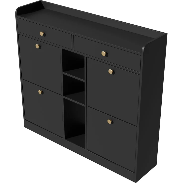 ZUBALIYA Schuhschrank (110 x 26 x 100 cm), 4 Klappfächer und 2 Schubladen, Offener Stauraum, Stauraum für Flur und Eingangsbereich, Schwarz – Bild 21